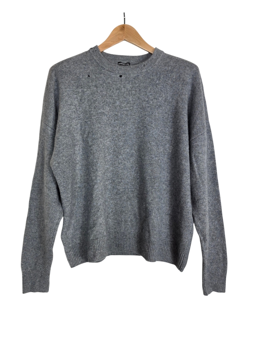Minnie Rose Knit Cashmere Distressed Women's Crewneck Sweater in Heather Gray